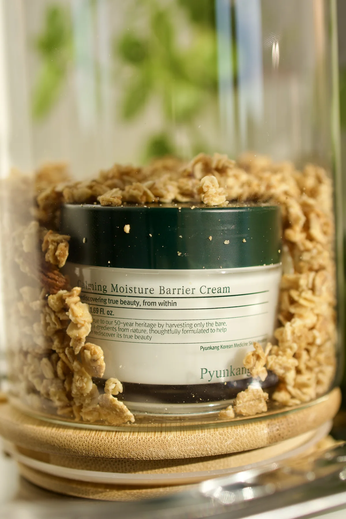 Pyunkang Yul moisture cream styled in a glass display with botanicals