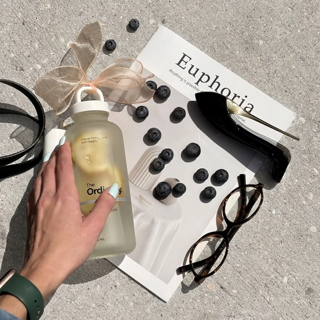 Haircare product styled in a lifestyle flat lay with blueberries and accessories