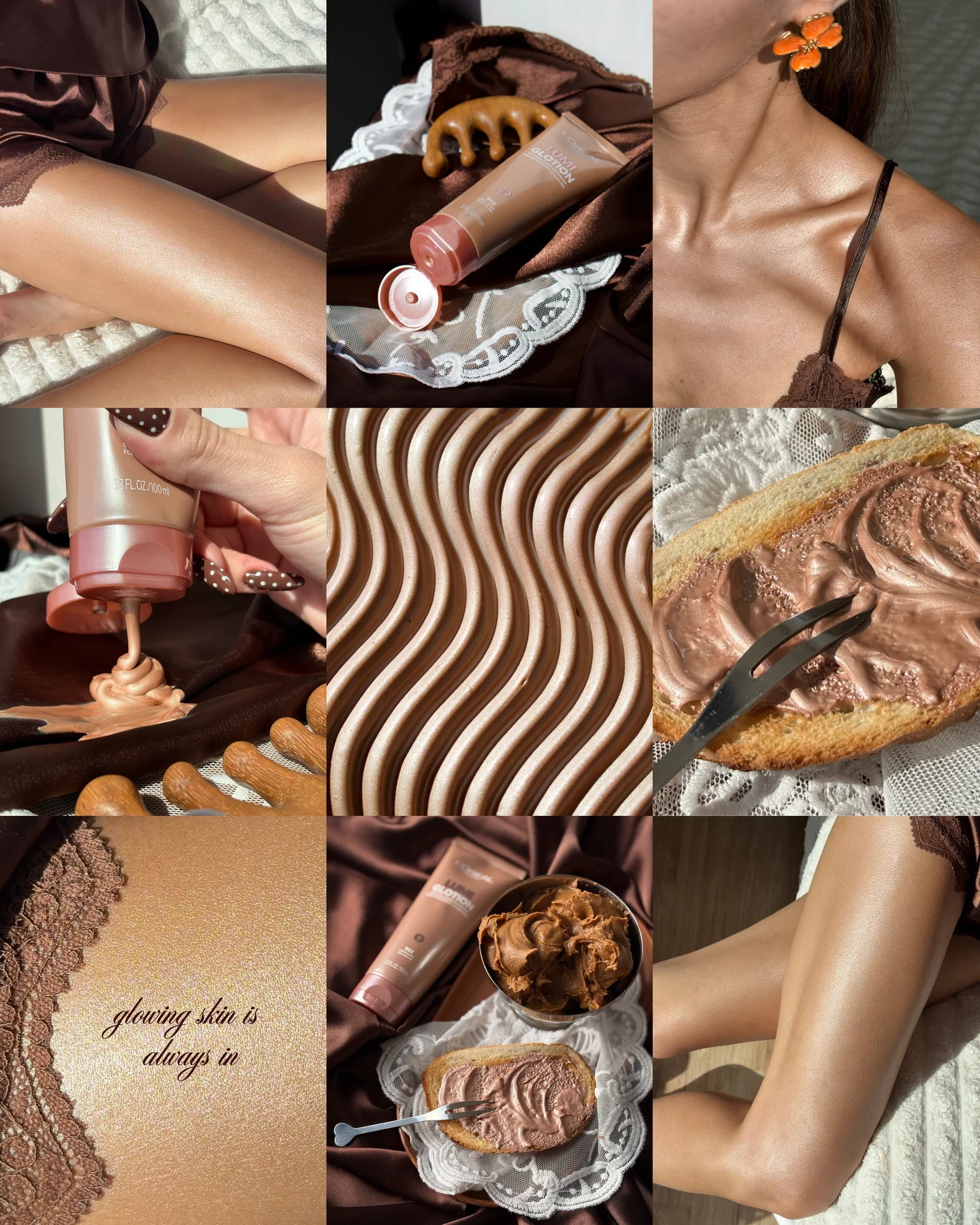 Beauty and lifestyle collage featuring L’Oréal Paris glow lotion, warm textures and styled product details