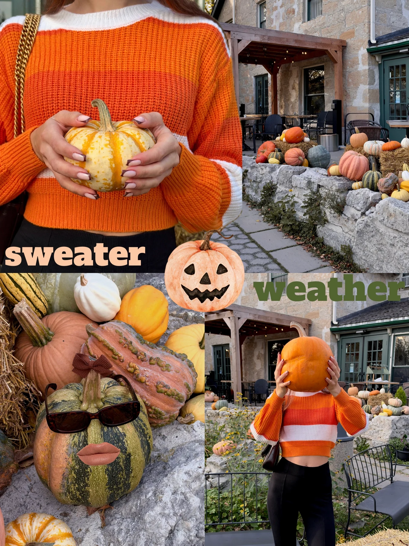 Autumn lifestyle collage with Olesia in a striped sweater, pumpkins and seasonal market details