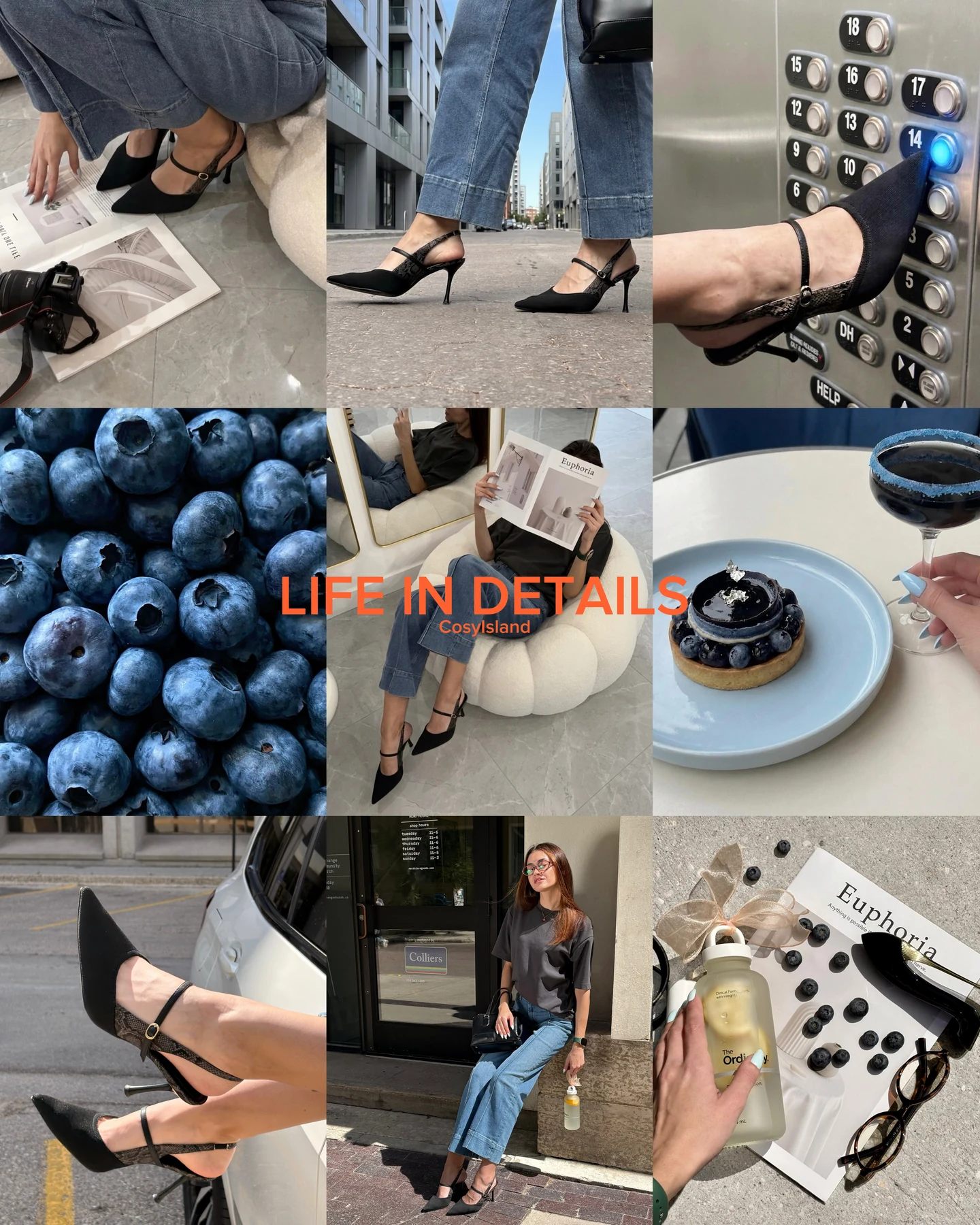 Life in details collage with black heels, denim, blueberries, coffee and perfume